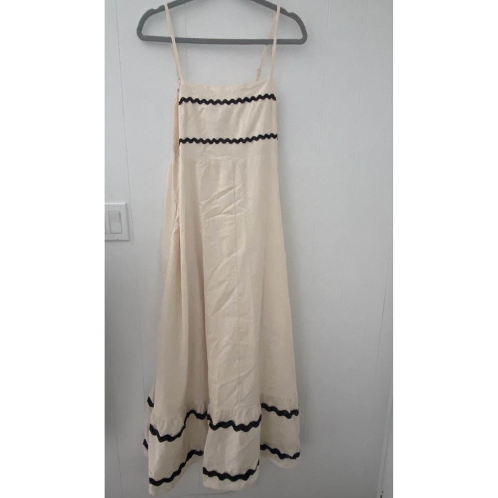 PrettyGarden Smocked Maxi Dress Cream Black Ric Rac Trim M